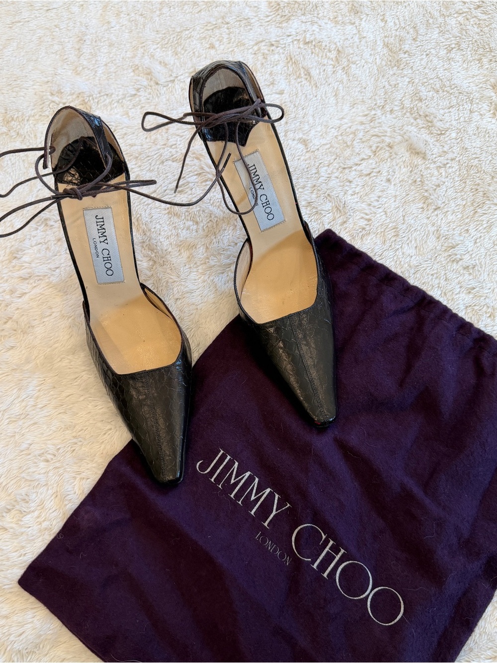 Jimmy Choo Brown Snake Skin Pointed Toe Lace-Up Pumps